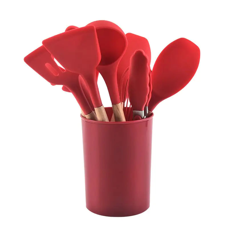 Ensemble d'ustensiles de cuisine antiadhésifs en silicone, 12 pièces, avec poignées en bois, résistants à la chaleur et lavables au lave-vaisselle