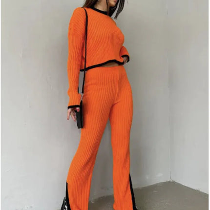 Women’s Color Block Knitted Two-Piece Set – Top & Trousers
