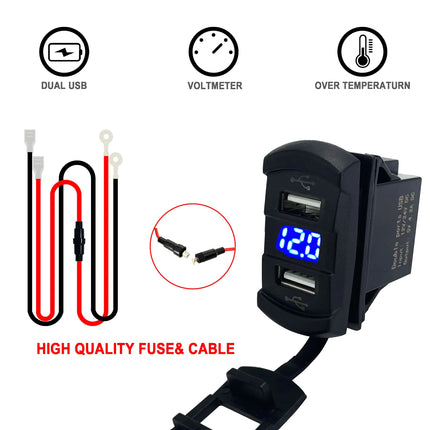Dual USB Charger Socket with LED Voltmeter & Rocker Switch Panel – Car & Boat Power Adapter