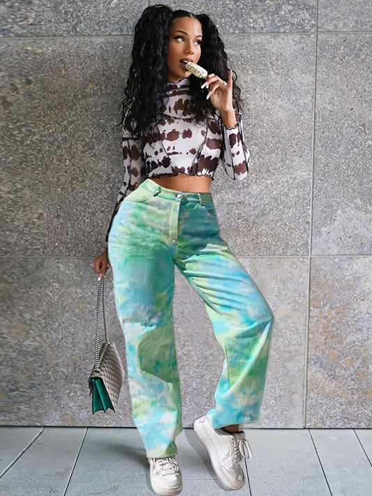 High Rise Tie Dye Ombre Wide Leg Jeans – Loose Baggy Fit Denim