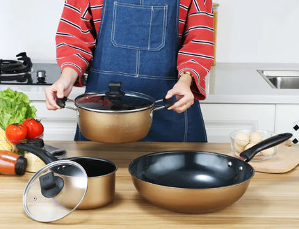 Premium 3-piece cast iron cookware set with non-stick surface and luxury kitchen design