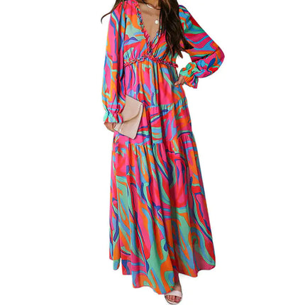 Women’s V-neck Loose Printed Long Sleeve Dress – Floral & Ruffle Design