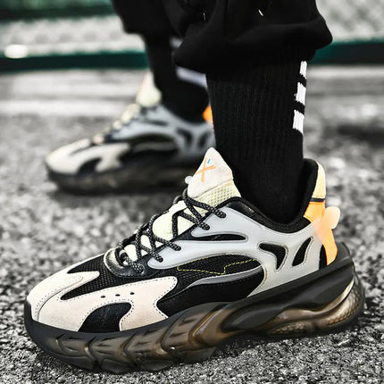 Men’s breathable mesh sneakers in black, black grey, and beige