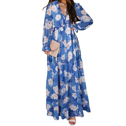 Women’s V-neck Loose Printed Long Sleeve Dress – Floral & Ruffle Design