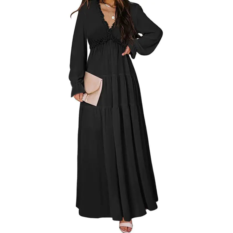 Women’s V-neck Loose Printed Long Sleeve Dress – Floral & Ruffle Design