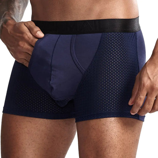 Men’s Ice Silk Mesh Split Boxer Trousers – Breathable Elastic Cotton Underwear with Mid-Waist Fit