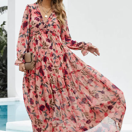 Women’s V-neck Loose Printed Long Sleeve Dress – Floral & Ruffle Design