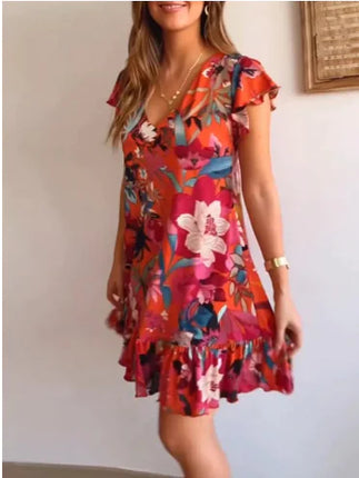 Summer Printed V-neck A-line Dress – Petal Sleeve, Loose Fit