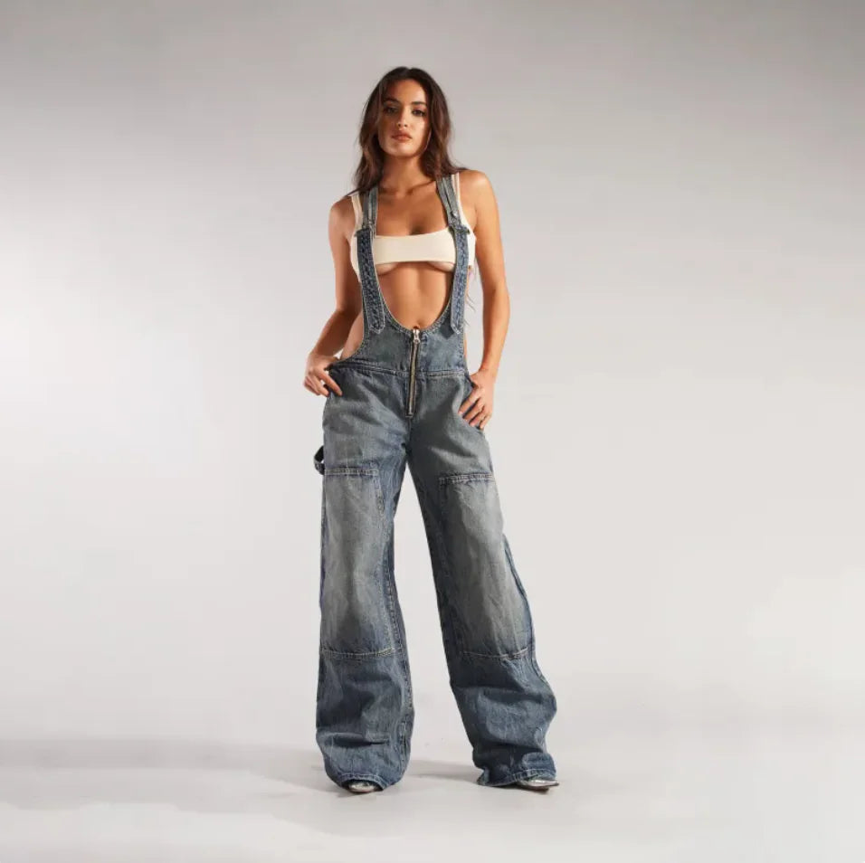 Y2K Denim Overalls – Loose Fit Retro Streetwear with Adjustable Suspenders