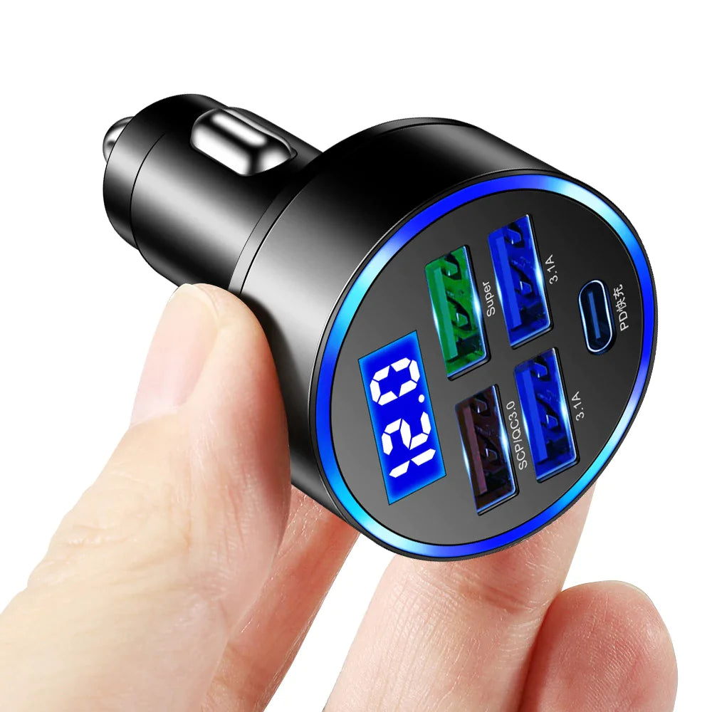 5-Port Super Fast Car Charger Adapter – USB & Type-C for iPhone, Samsung & Android