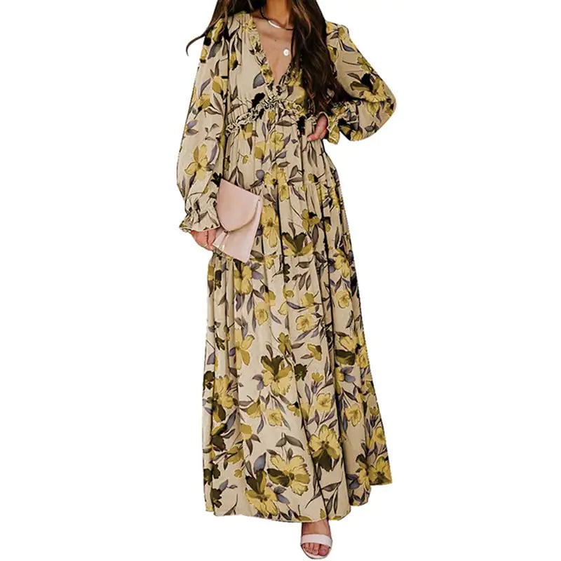 Women’s V-neck Loose Printed Long Sleeve Dress – Floral & Ruffle Design