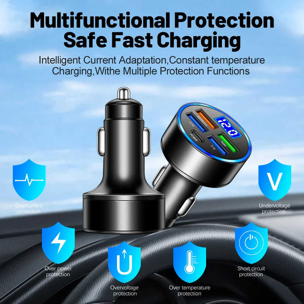 5-Port Super Fast Car Charger Adapter – USB & Type-C for iPhone, Samsung & Android
