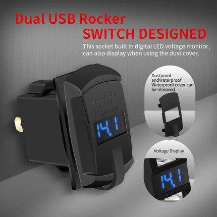 Dual USB Charger Socket with LED Voltmeter & Rocker Switch Panel – Car & Boat Power Adapter