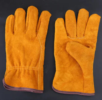 “Yellow cowhide leather protective gloves for welding and industrial work”