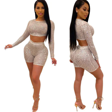 Women’s Sequined Two-Piece Long Sleeve Shorts Set – Glam Party Outfit in Apricot